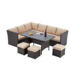 ყავისფერი რატანის დივნის კომპლექტი SA619153-S ბეჟი ბალიშებით Goks.ge